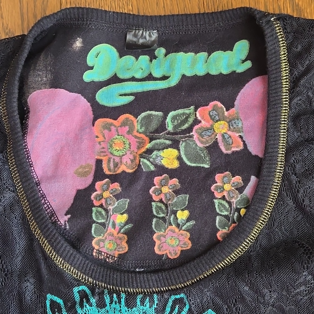 Desigual Black Lace Embroidered Top Long Sleeve Boho Artistic Size M - Picture 4 of 13